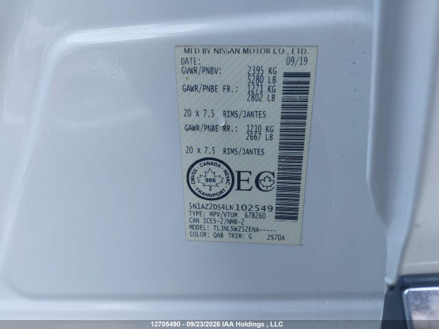 Продаж на аукціоні авто 2020 Nissan Murano Limited Edition/platinum, vin: 5N1AZ2DS4LN102549, номер лоту: 12705490