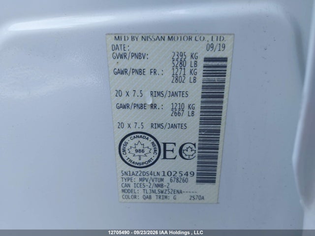 Продаж на аукціоні авто 2020 Nissan Murano Limited Edition/platinum, vin: 5N1AZ2DS4LN102549, номер лоту: 12705490