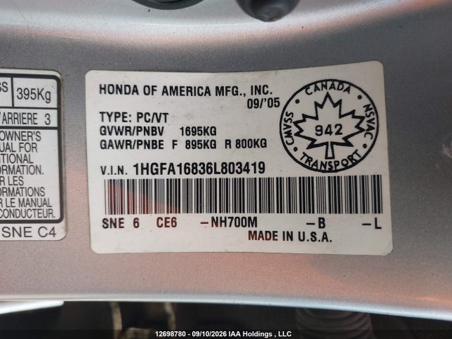 2006 Honda Civic Ex მანქანა იყიდება აუქციონზე, vin: 1HGFA16836L803419, აუქციონის ნომერი: 12698780