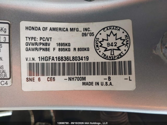 Auction sale of the 2006 Honda Civic Ex, vin: 1HGFA16836L803419, lot number: 12698780