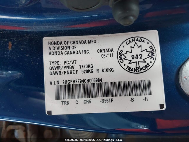 Aukcja sprzedaży 2012 Honda Civic Ex-l, vin: 2HGFB2F94CH005984, numer aukcji: 12699336