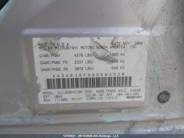 Продажа на аукционе авто 2009 Mitsubishi Galant Es, vin: 4A3AB36F99E602520, номер лота: 12705521