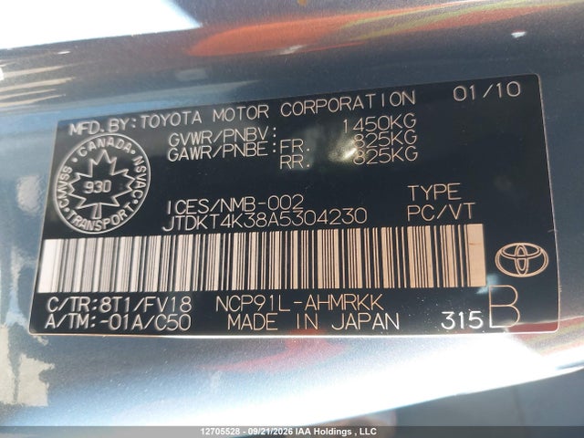 Aukcja sprzedaży 2010 Toyota Yaris, vin: JTDKT4K38A5304230, numer aukcji: 12705528