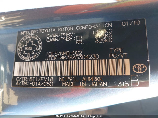 Aukcja sprzedaży 2010 Toyota Yaris, vin: JTDKT4K38A5304230, numer aukcji: 12705528