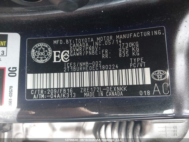 Toyota Corolla 2014 2T1BURHE0EC180224 Image 9