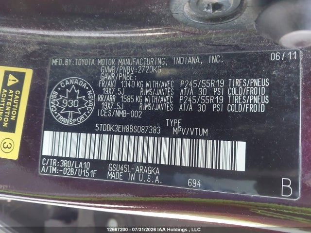 Aukcja sprzedaży 2011 Toyota Highlander V6 Limited, vin: 5TDDK3EH8BS087383, numer aukcji: 12667200