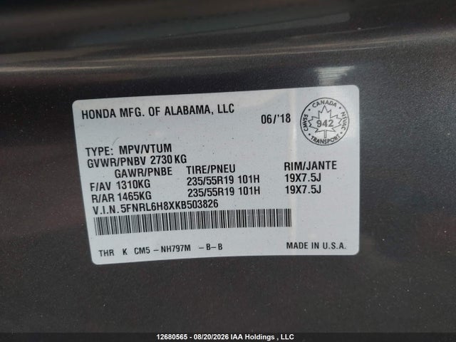 Продажа на аукционе авто 2019 Honda Odyssey Touring, vin: 5FNRL6H8XKB503826, номер лота: 12680565