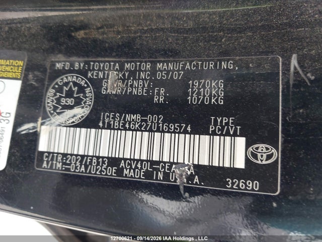 Продажа на аукционе авто 2007 Toyota Camry Le/se, vin: 4T1BE46K27U169574, номер лота: 12700621