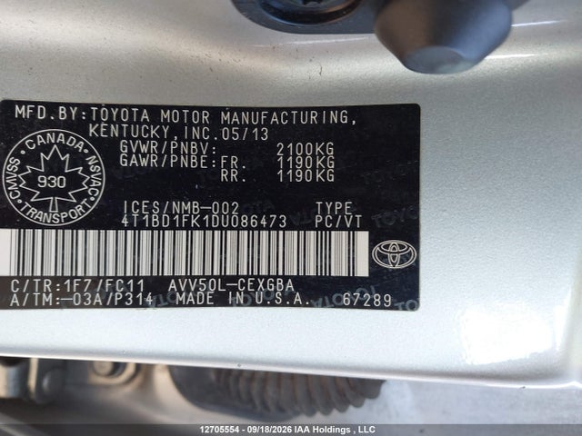 Aukcja sprzedaży 2013 Toyota Camry Hybrid/le/xle, vin: 4T1BD1FK1DU086473, numer aukcji: 12705554