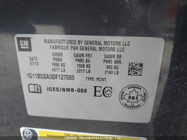 12694925 :رقم المزاد ، 1G11B5SA0DF127683 vin ، 2013 Chevrolet Malibu Ls مزاد بيع