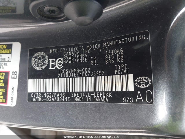 12705587 :رقم المزاد ، 2T1BU4EE4BC735257 vin ، 2011 Toyota Corolla Ce مزاد بيع