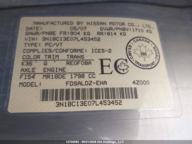 Aukcja sprzedaży 2007 Nissan Versa S/sl, vin: 3N1BC13E07L453452, numer aukcji: 12705592