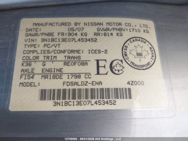 Aukcja sprzedaży 2007 Nissan Versa S/sl, vin: 3N1BC13E07L453452, numer aukcji: 12705592