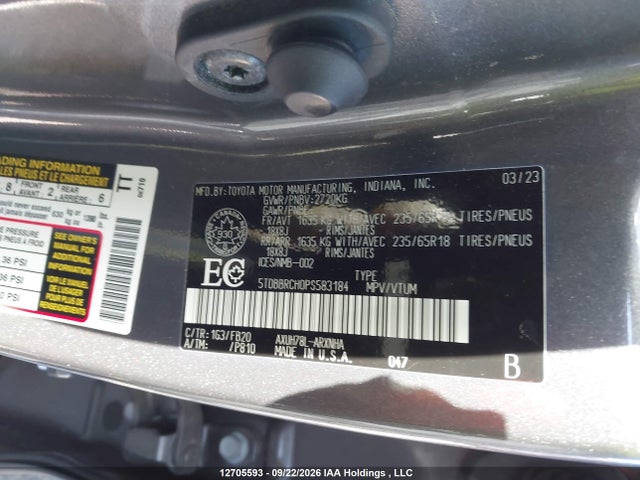 Aukcja sprzedaży 2023 Toyota Highlander Hybrid Le, vin: 5TDBBRCH0PS583184, numer aukcji: 12705593