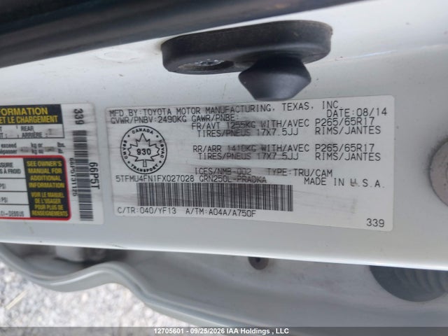 12705601 :رقم المزاد ، 5TFMU4FN1FX027028 vin ، 2015 Toyota Tacoma V6 مزاد بيع
