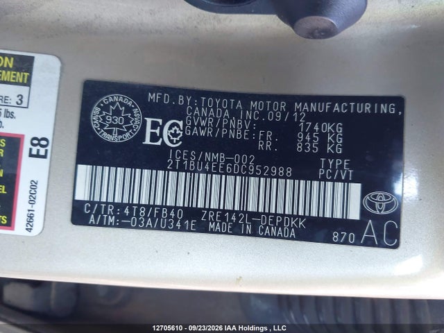 Продаж на аукціоні авто 2013 Toyota Corolla S/le, vin: 2T1BU4EE6DC952988, номер лоту: 12705610