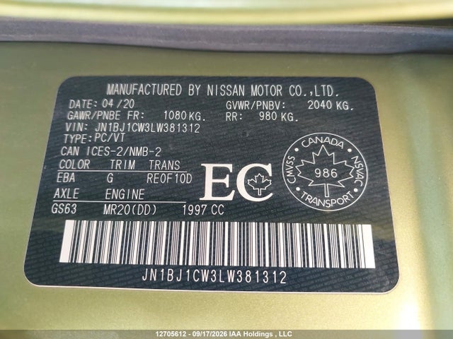 JN1BJ1CW3LW381312 Nissan Qashqai S/sl/sv