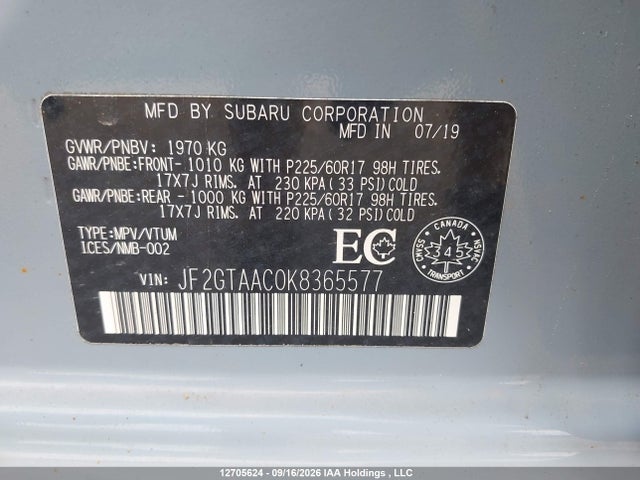 Aukcja sprzedaży 2019 Subaru Crosstrek Convenience, vin: JF2GTAAC0K8365577, numer aukcji: 12705624