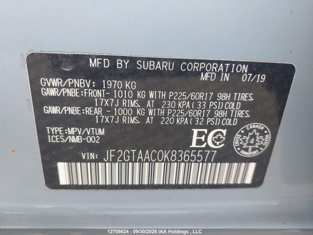 Aukcja sprzedaży 2019 Subaru Crosstrek Convenience, vin: JF2GTAAC0K8365577, numer aukcji: 12705624