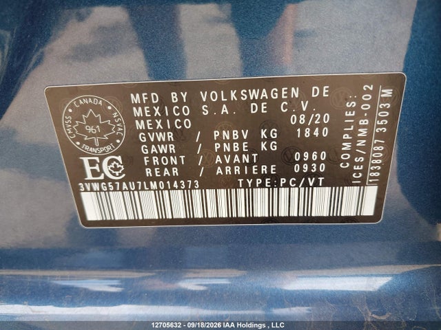 Aukcja sprzedaży 2020 Volkswagen Golf, vin: 3VWG57AU7LM014373, numer aukcji: 12705632