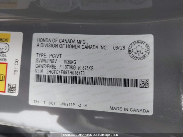 12705640 :رقم المزاد ، 2HGFE4F89TH016473 vin ، 2026 Honda Civic مزاد بيع