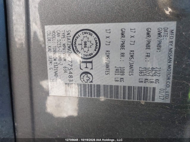 5N1AT2MV2HC775483 Nissan Rogue S/sl Platinum/sv