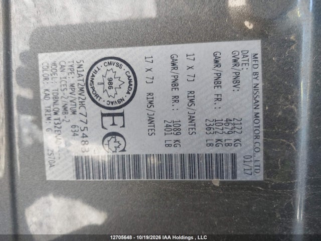 5N1AT2MV2HC775483 Nissan Rogue S/sl Platinum/sv