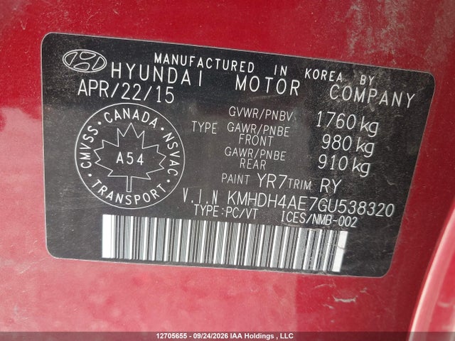2016 Hyundai Elantra მანქანა იყიდება აუქციონზე, vin: KMHDH4AE7GU538320, აუქციონის ნომერი: 12705655