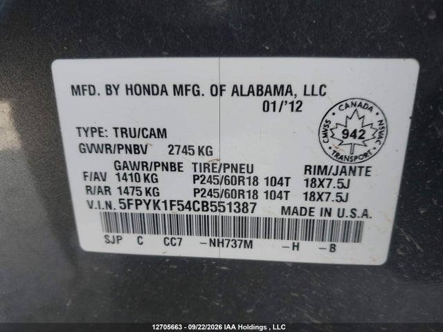 2012 Honda Ridgeline Rtl მანქანა იყიდება აუქციონზე, vin: 5FPYK1F54CB551387, აუქციონის ნომერი: 12705663