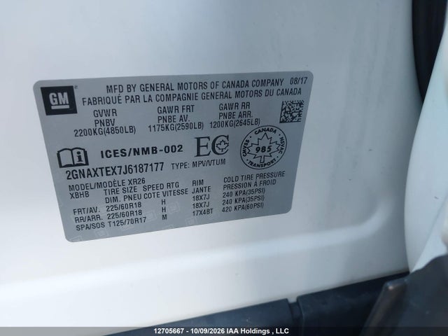 12705667 :رقم المزاد ، 2GNAXTEX7J6187177 vin ، 2018 Chevrolet Equinox Lt مزاد بيع