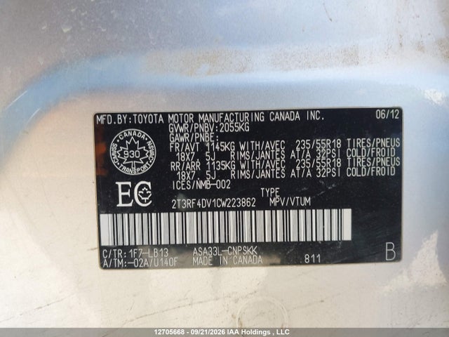 Aukcja sprzedaży 2012 Toyota Rav4 Sport, vin: 2T3RF4DV1CW223862, numer aukcji: 12705668
