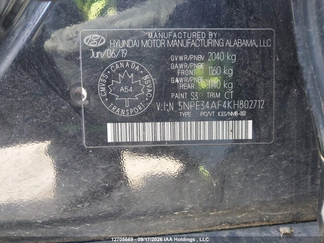 Aukcja sprzedaży 2019 Hyundai Sonata Essential, vin: 5NPE34AF4KH802712, numer aukcji: 12705669
