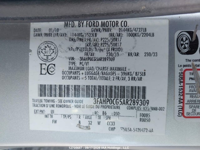 12705687 :رقم المزاد ، 3FAHP0CG5AR289309 vin ، 2010 Ford Fusion Sel مزاد بيع