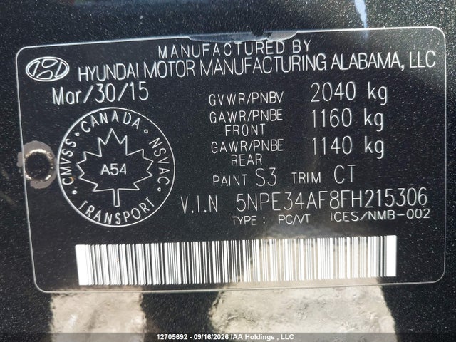 12705692 :رقم المزاد ، 5NPE34AF8FH215306 vin ، 2015 Hyundai Sonata Sport/limited مزاد بيع