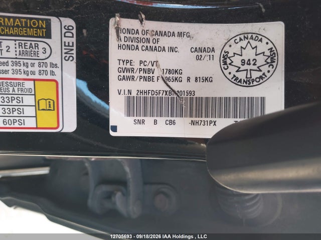 12705693 :رقم المزاد ، 2HHFD5F7XBH201593 vin ، 2011 Acura Csx مزاد بيع