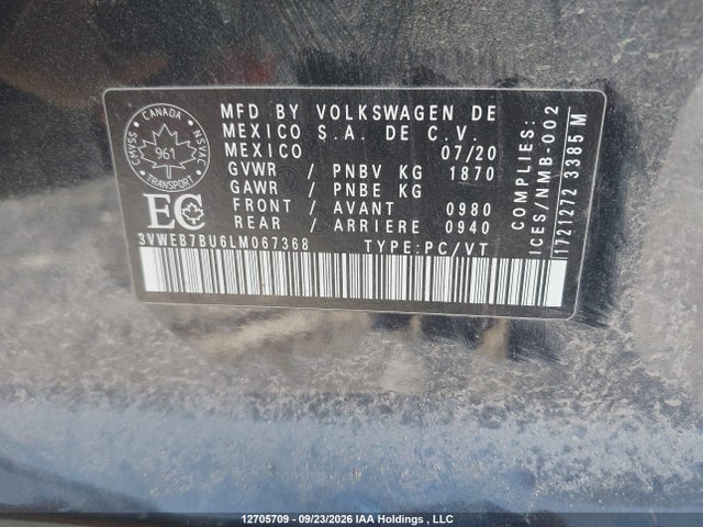 2020 Volkswagen Jetta Highline მანქანა იყიდება აუქციონზე, vin: 3VWEB7BU6LM067368, აუქციონის ნომერი: 12705709