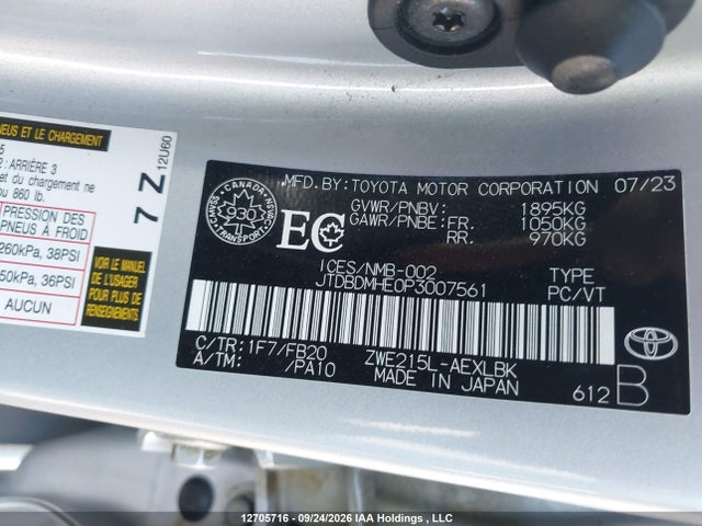 12705716 :رقم المزاد ، JTDBDMHE0P3007561 vin ، 2023 Toyota Corolla مزاد بيع