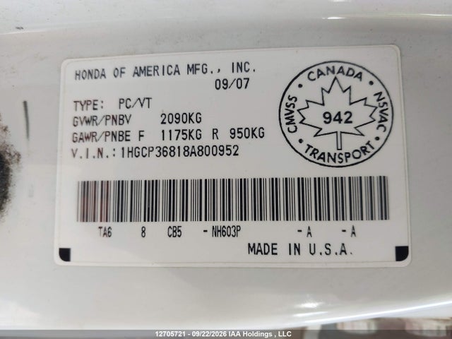 Продаж на аукціоні авто 2008 Honda Accord Exl, vin: 1HGCP36818A800952, номер лоту: 12705721