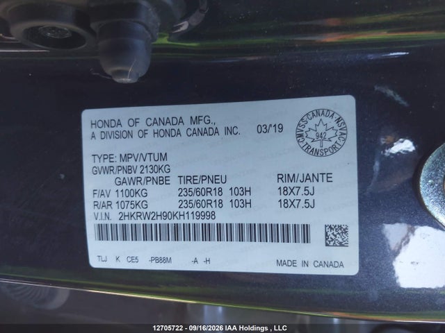 2HKRW2H90KH119998 Honda Cr-v Touring