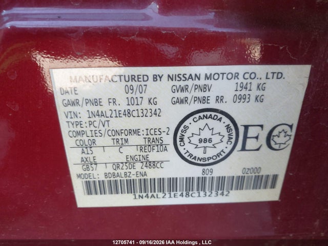 Продаж на аукціоні авто 2008 Nissan Altima 2.5 S, vin: 1N4AL21E48C132342, номер лоту: 12705741