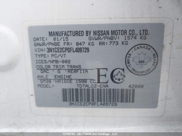 Nissan Versa Note S/s Plus/sv/sl/sr 2015 3N1CE2CP0FL409729 Image 9