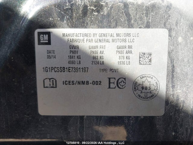 12705810 :رقم المزاد ، 1G1PC5SB1E7391197 vin ، 2014 Chevrolet Cruze 1lt مزاد بيع