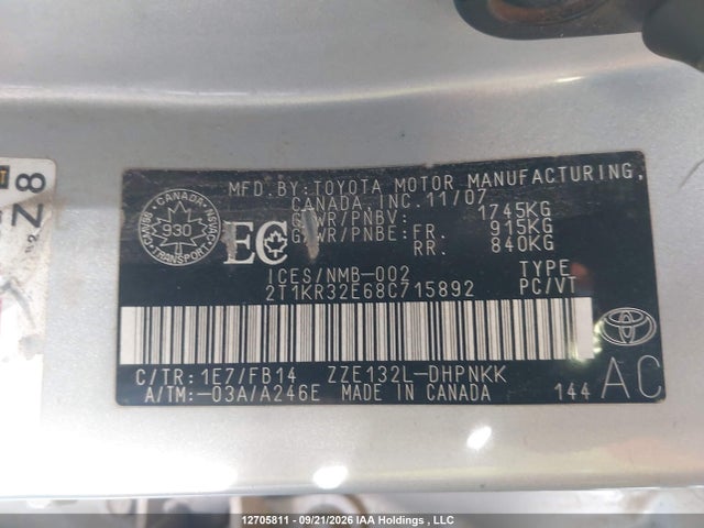 12705811 :رقم المزاد ، 2T1KR32E68C715892 vin ، 2008 Toyota Matrix Xr مزاد بيع