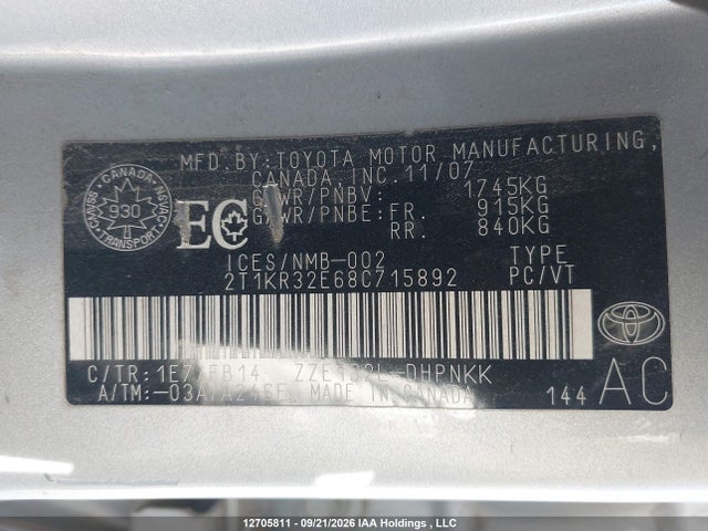 12705811 :رقم المزاد ، 2T1KR32E68C715892 vin ، 2008 Toyota Matrix Xr مزاد بيع