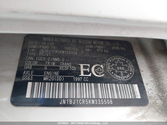 12705821 :رقم المزاد ، JN1BJ1CR5KW335506 vin ، 2019 Nissan Qashqai S/sl/sv مزاد بيع
