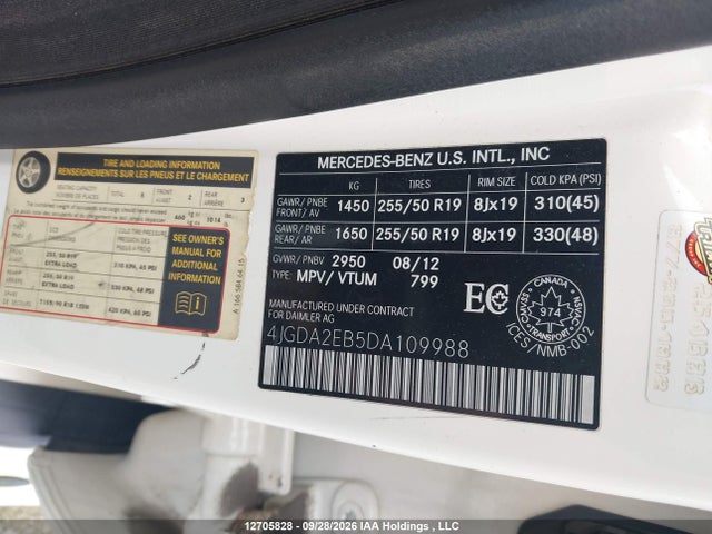 Aukcja sprzedaży 2013 Mercedes-benz Ml 350 Bluetec 4matic, vin: 4JGDA2EB5DA109988, numer aukcji: 12705828