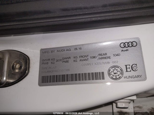 Aukcja sprzedaży 2016 Audi A3 Quattro, vin: WAUB8GFFXG1107709, numer aukcji: 12705830