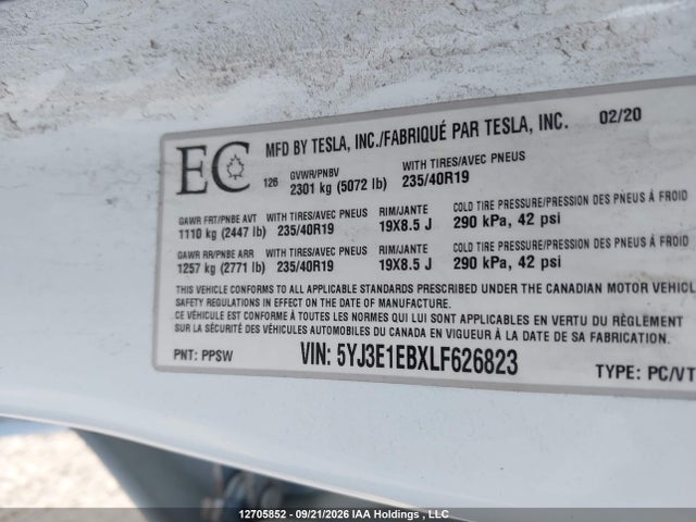 Aukcja sprzedaży 2020 Tesla Model 3, vin: 5YJ3E1EBXLF626823, numer aukcji: 12705852