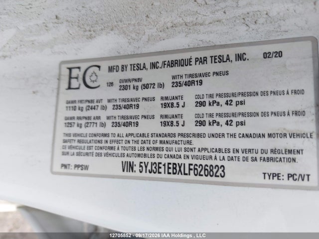 Aukcja sprzedaży 2020 Tesla Model 3, vin: 5YJ3E1EBXLF626823, numer aukcji: 12705852