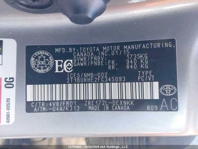 Toyota COROLLA LE 2015 2T1BURHE2FC345093 Image 9